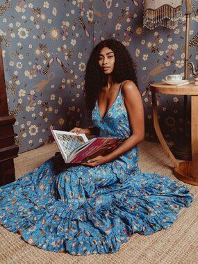 Carolina K Floral Maxi Dress Womens Small Blue Sleeveless V-Neck Tiered Peacock